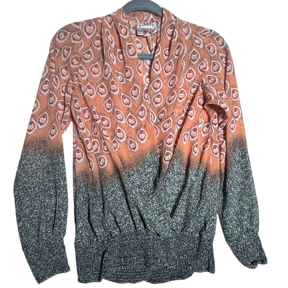 Anthropologie Yoana Baraschi Peacock Print‎ Blouse Womens S Orange Grey Smocked